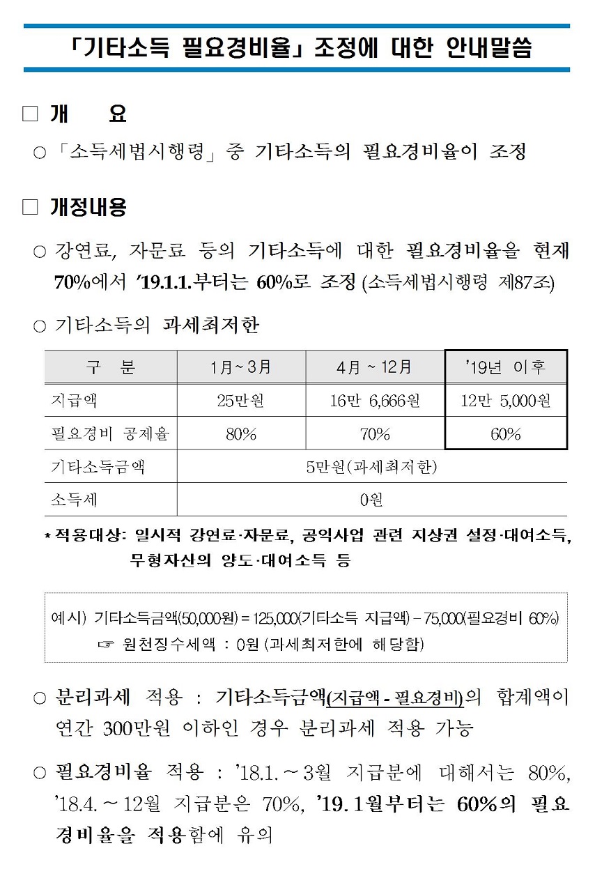기타소득 필요경비율 조정 안내(홈페이지 공지)(2)001